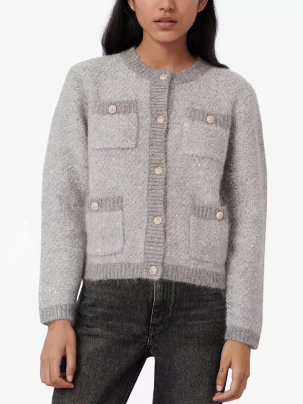 Maje Morning Lurex Sequined Cardigan M Grey Silver